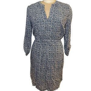 LOFT Geometric Print Dress Roll Tab Slvs Set In Waist Sz. S Cool Breathable Ligh